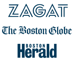 The image shows logos for Zagat, The Boston Globe, and Boston Herald stacked vertically in blue text.