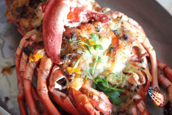 A cooked lobster topped with herbs and other garnishes on a plate.